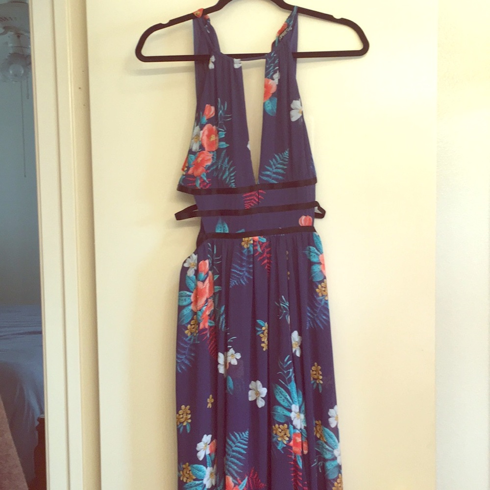 Floral navy blue floor length dress.